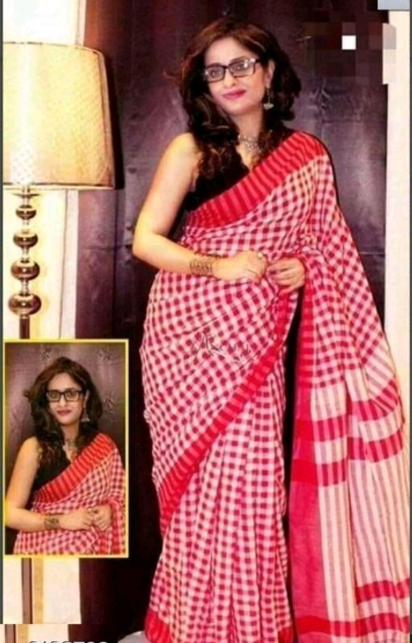 Handloom  Checked  Cotton Saree With Separate   Same louse Peace - Red